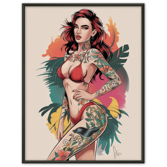 Poster mit atemberaubender Frau im roten Bikini und einzigartigem Tattoo