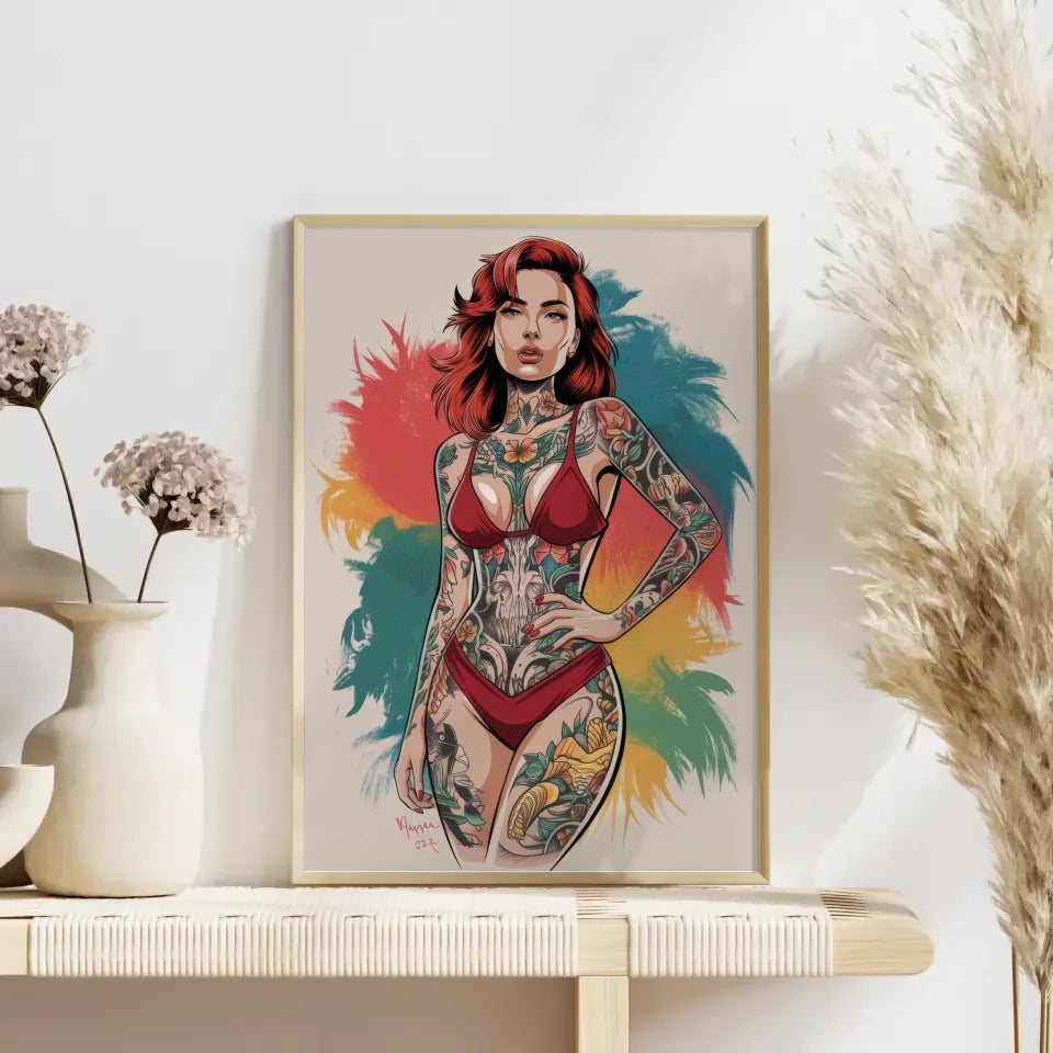 Kreativer Poster einer Frau im roten Bikini mit Tattoo 4
