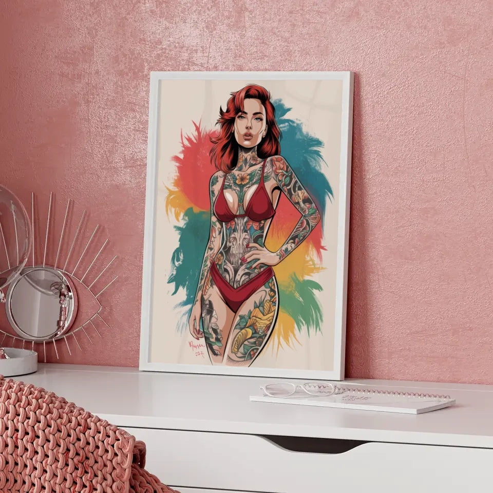 Kreativer Poster einer Frau im roten Bikini mit Tattoo 5