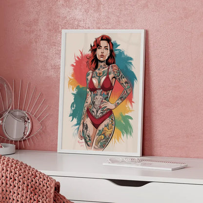 Kreativer Poster einer Frau im roten Bikini mit Tattoo 5
