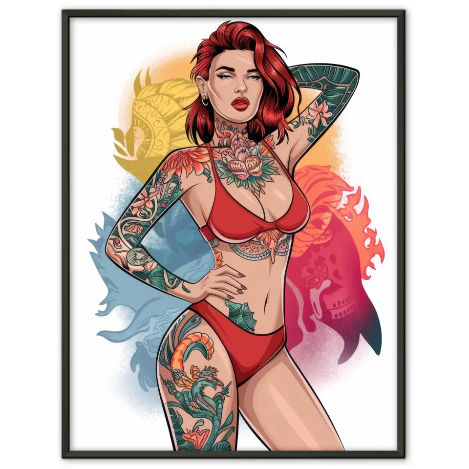 Poster einer atemberaubenden Frau im roten Bikini mit Tattoo 1