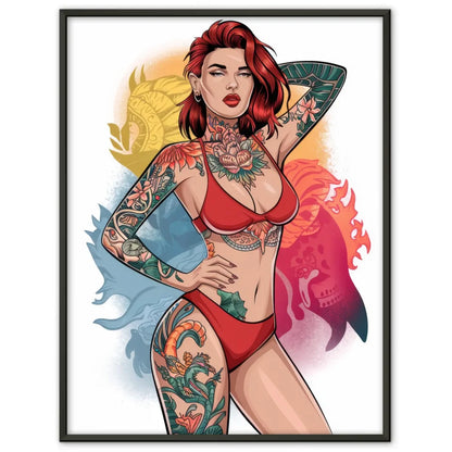 Poster einer atemberaubenden Frau im roten Bikini mit Tattoo 1