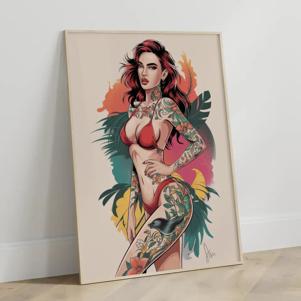 Poster mit atemberaubender Frau im roten Bikini und einzigartigem Tattoo