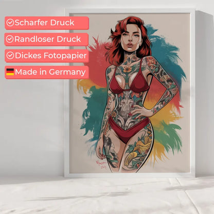 Kreativer Poster einer Frau im roten Bikini mit Tattoo 6