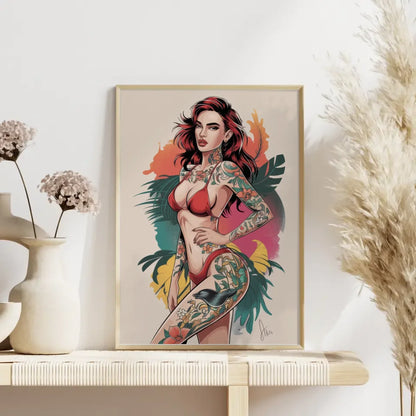 Poster mit atemberaubender Frau im roten Bikini und einzigartigem Tattoo