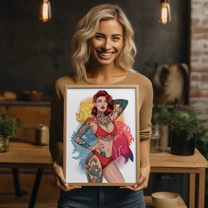 Poster einer atemberaubenden Frau im roten Bikini mit Tattoo 2