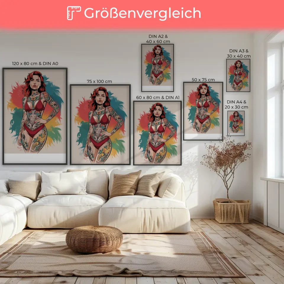 Kreativer Poster einer Frau im roten Bikini mit Tattoo 7