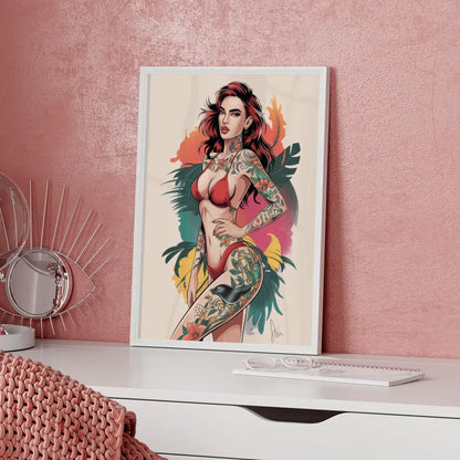 Poster mit atemberaubender Frau im roten Bikini und einzigartigem Tattoo