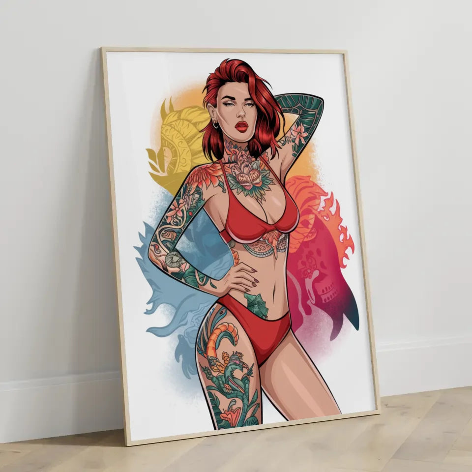 Poster einer atemberaubenden Frau im roten Bikini mit Tattoo 3