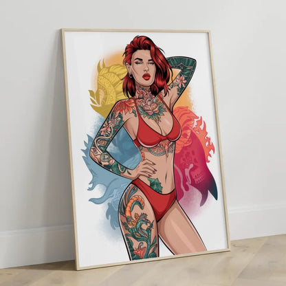 Poster einer atemberaubenden Frau im roten Bikini mit Tattoo 3