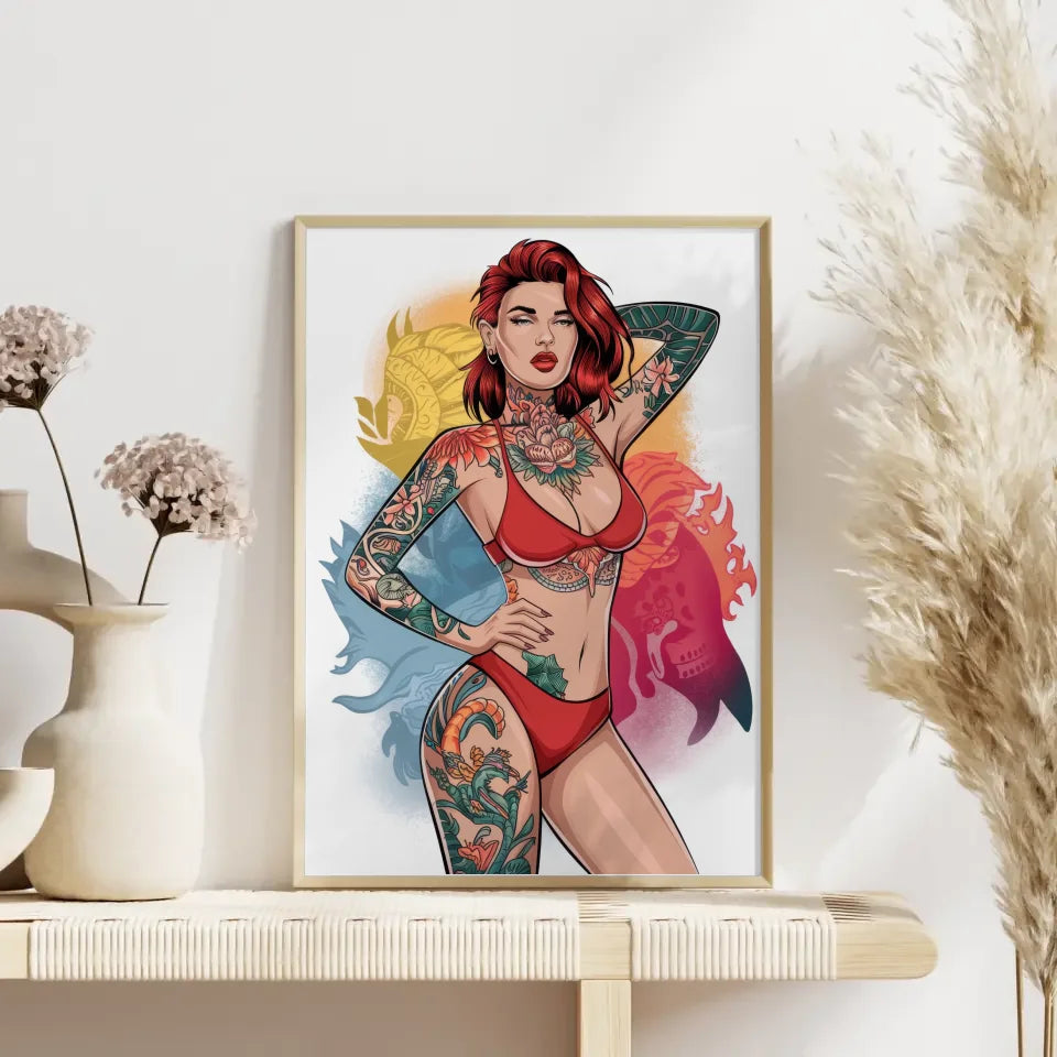 Poster einer atemberaubenden Frau im roten Bikini mit Tattoo 4