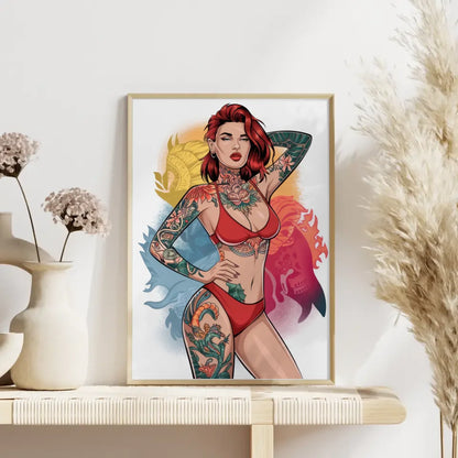 Poster einer atemberaubenden Frau im roten Bikini mit Tattoo 4