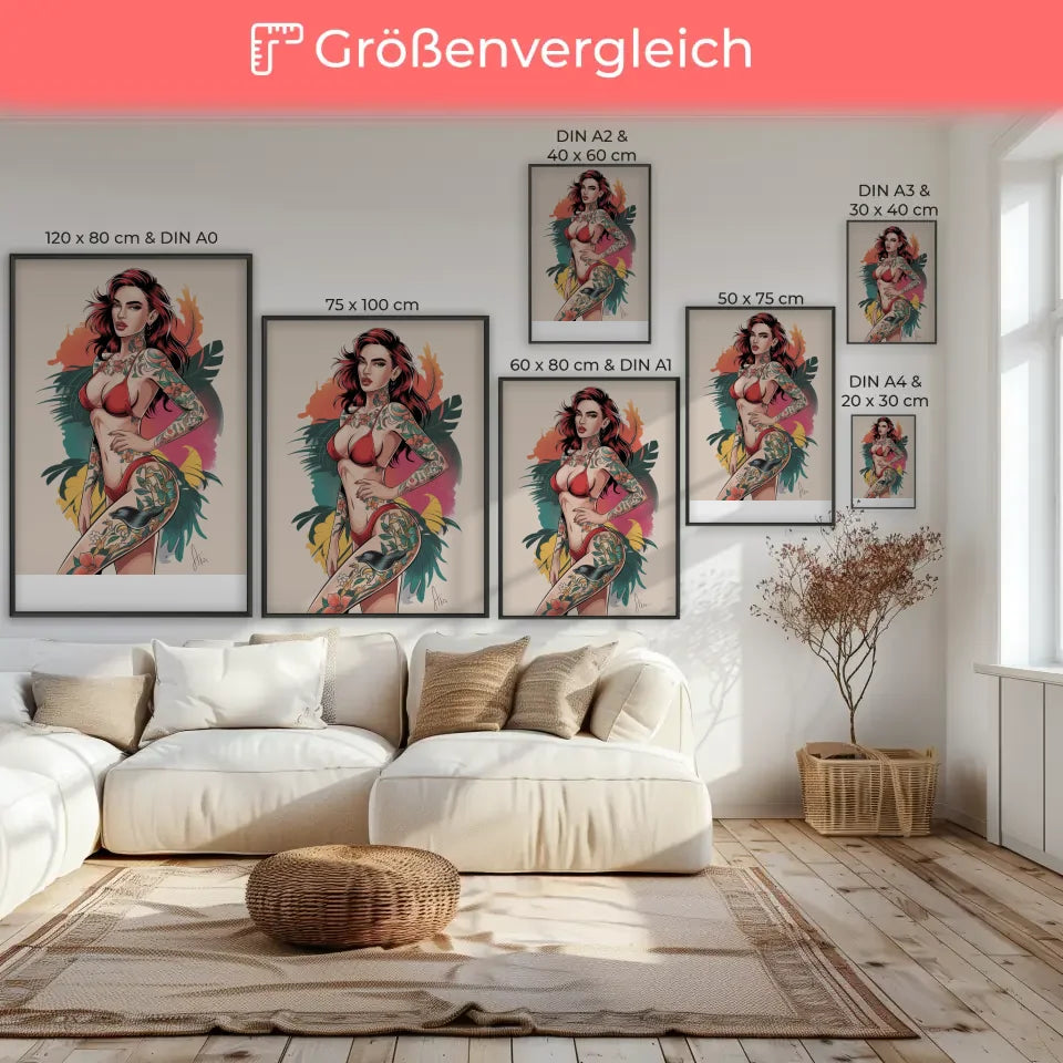 Poster mit atemberaubender Frau im roten Bikini und einzigartigem Tattoo