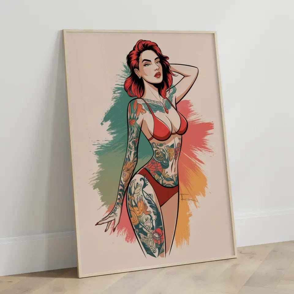 Faszinierendes Poster einer Frau mit floralem Tattoo Design 3