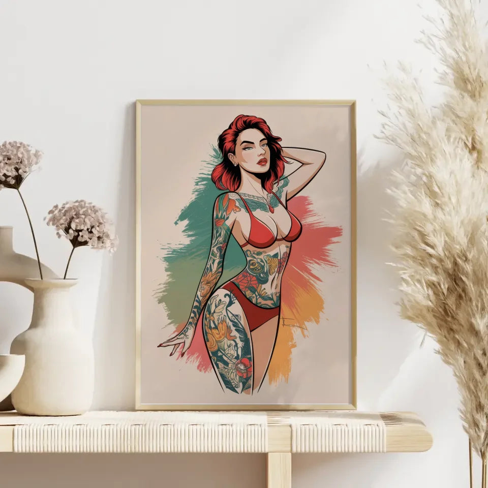 Faszinierendes Poster einer Frau mit floralem Tattoo Design 4