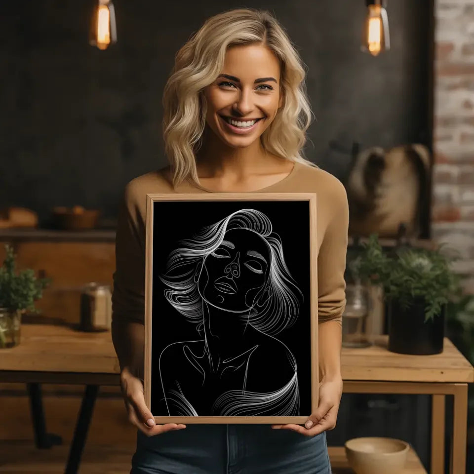 Monochromes Poster einer entspannten Frau im Kontrast Schwarz Weiß 2