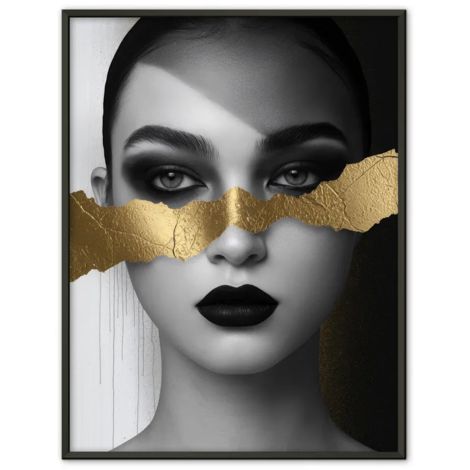 Monochromes Poster mit faszinierendem Gesicht in Schwarz-Gold-Tönen 1