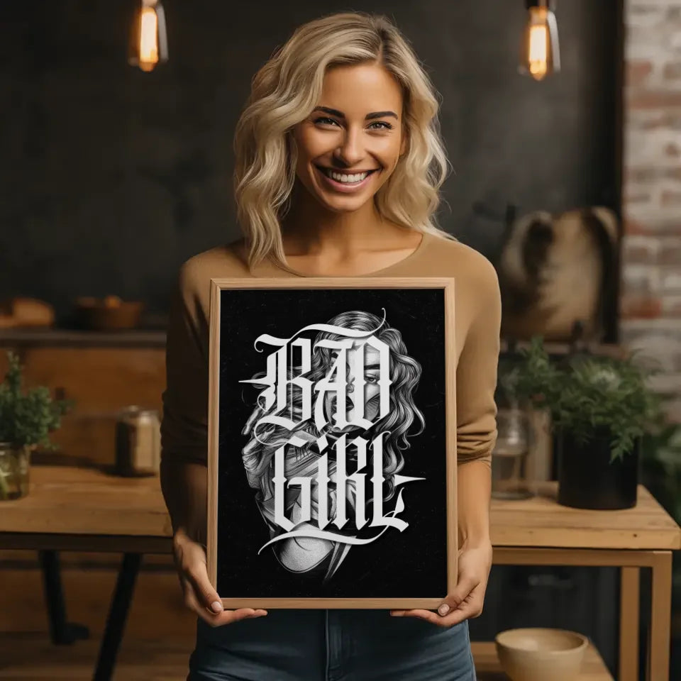 Poster Bad Girl Tattoo Illustration im monochromen Design für Individualisten 2