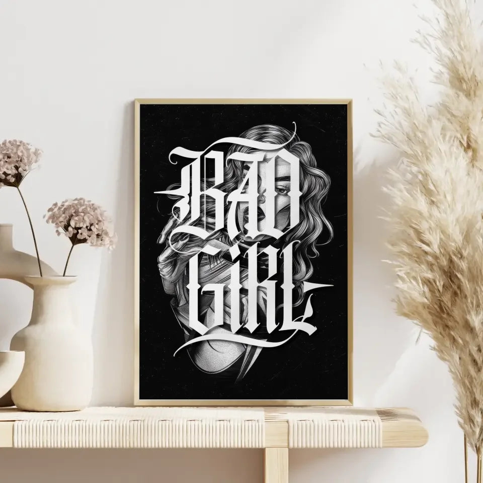 Poster Bad Girl Tattoo Illustration im monochromen Design für Individualisten 4