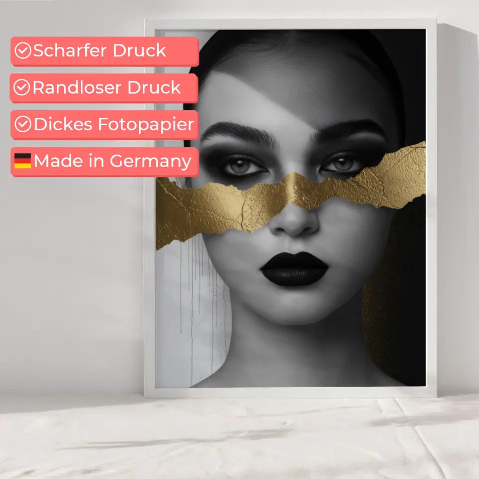 Monochromes Poster mit faszinierendem Gesicht in Schwarz-Gold-Tönen 6