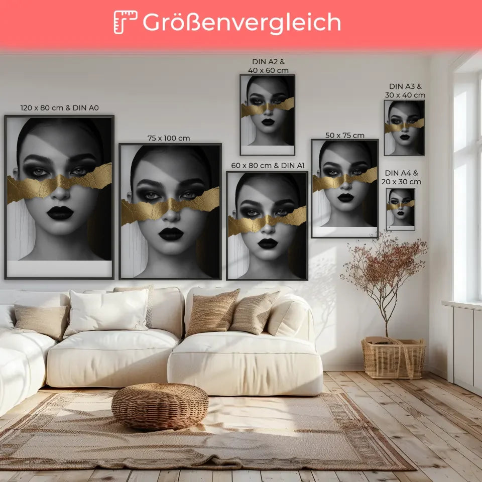 Monochromes Poster mit faszinierendem Gesicht in Schwarz-Gold-Tönen 7