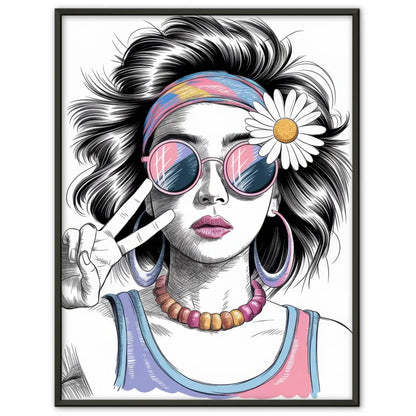 Poster junge Frau mit Sonnenbrille und Gänseblümchen 1