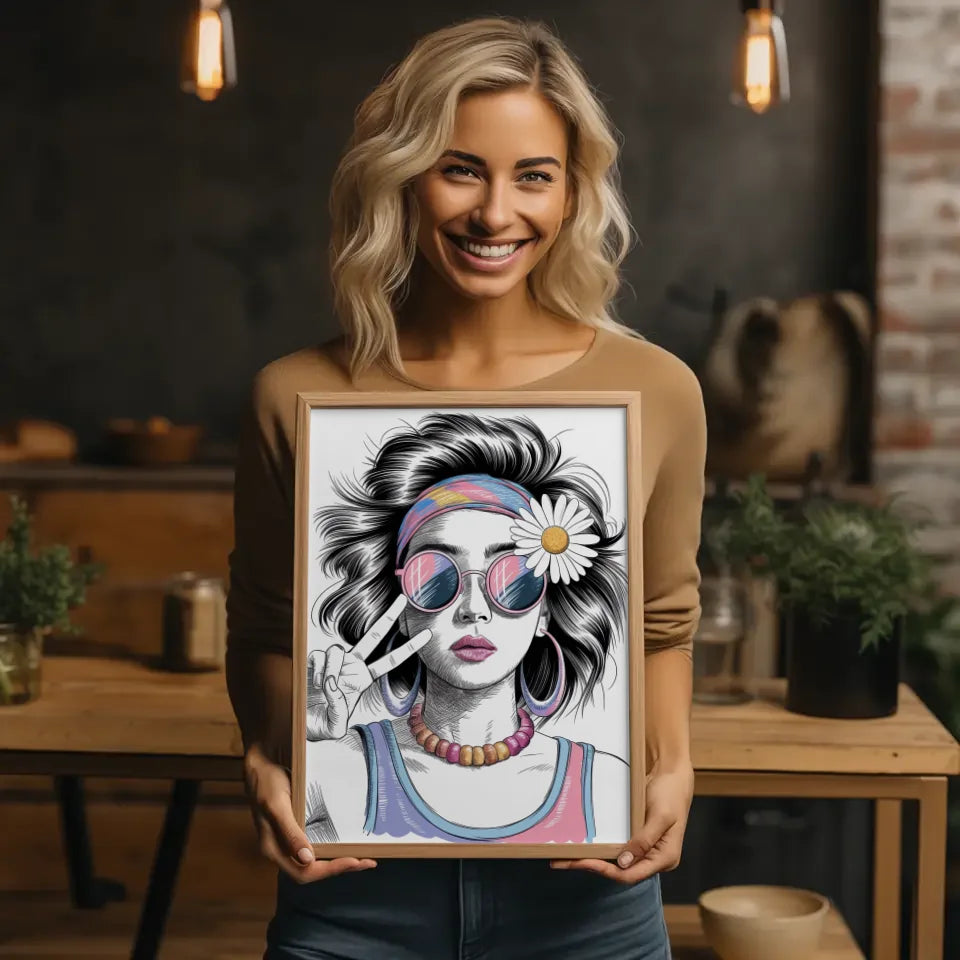 Poster junge Frau mit Sonnenbrille und Gänseblümchen 2