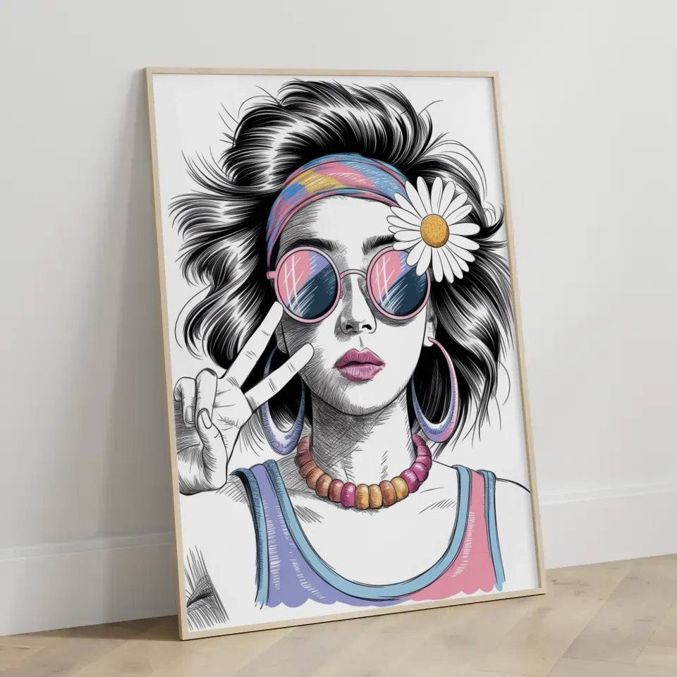 Poster junge Frau mit Sonnenbrille und Gänseblümchen 3