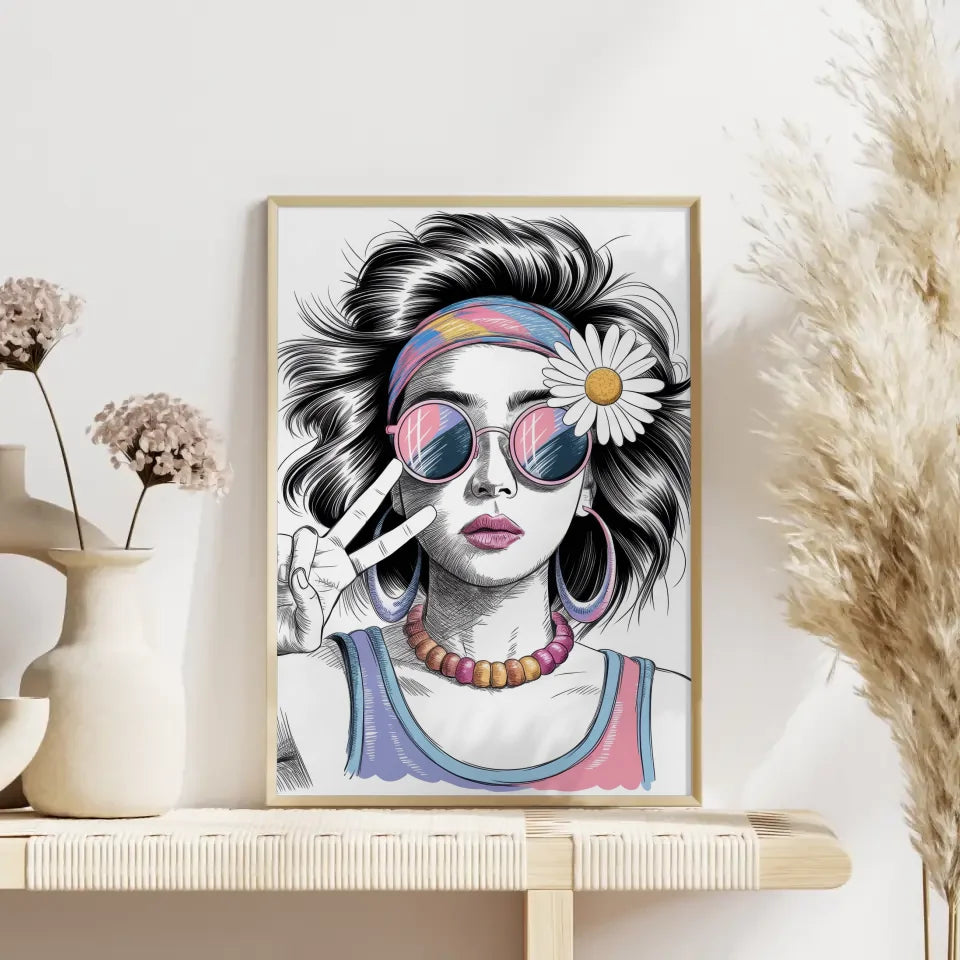 Poster junge Frau mit Sonnenbrille und Gänseblümchen 4