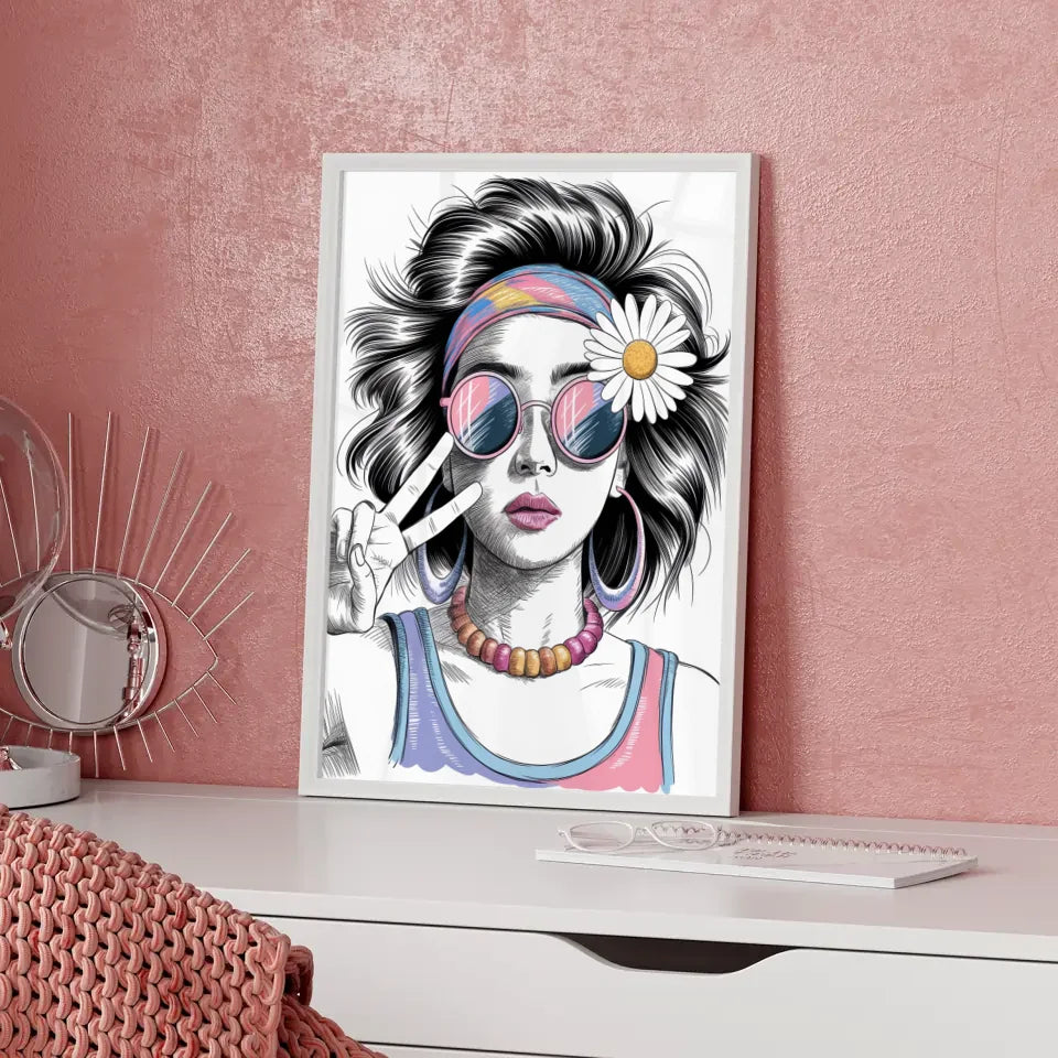 Poster junge Frau mit Sonnenbrille und Gänseblümchen 5