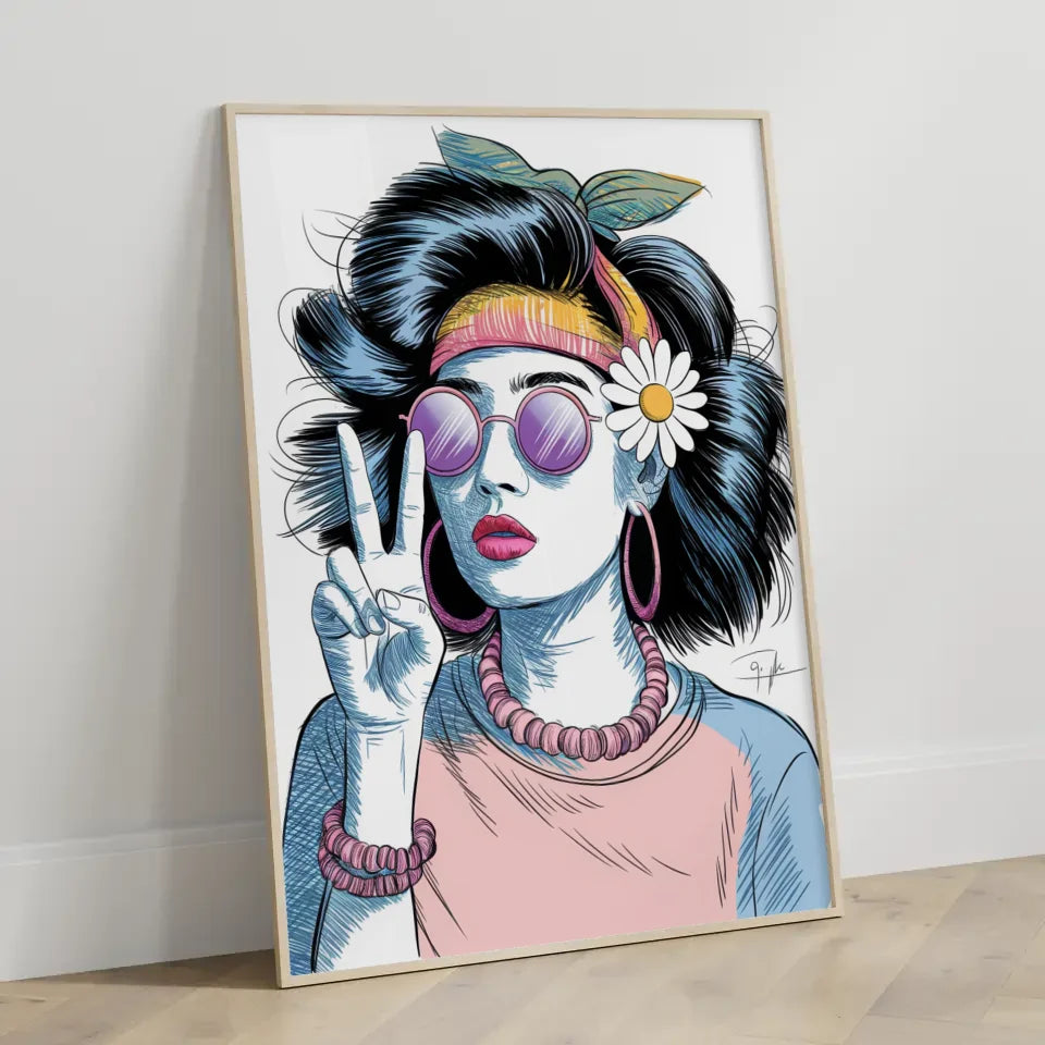 Poster junge Frau mit Sonnenbrille und Gänseblümchen