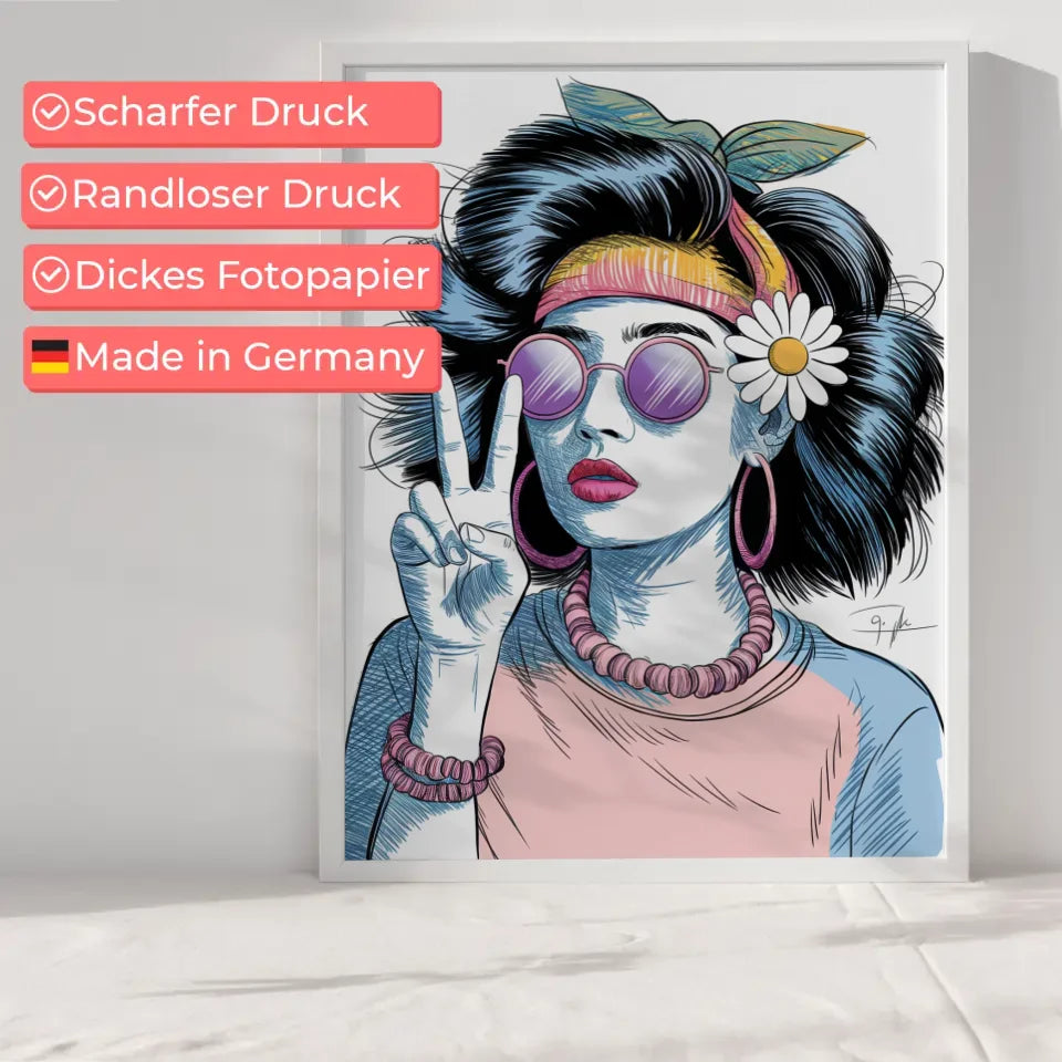 Poster junge Frau mit Sonnenbrille und Gänseblümchen