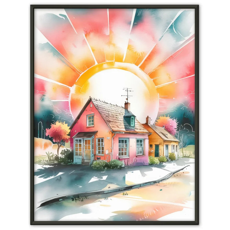 Aquarell Poster malerische Kleinstadt im Sonnenlicht 1