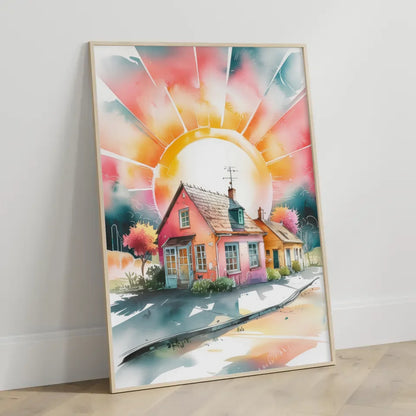 Aquarell Poster malerische Kleinstadt im Sonnenlicht 3