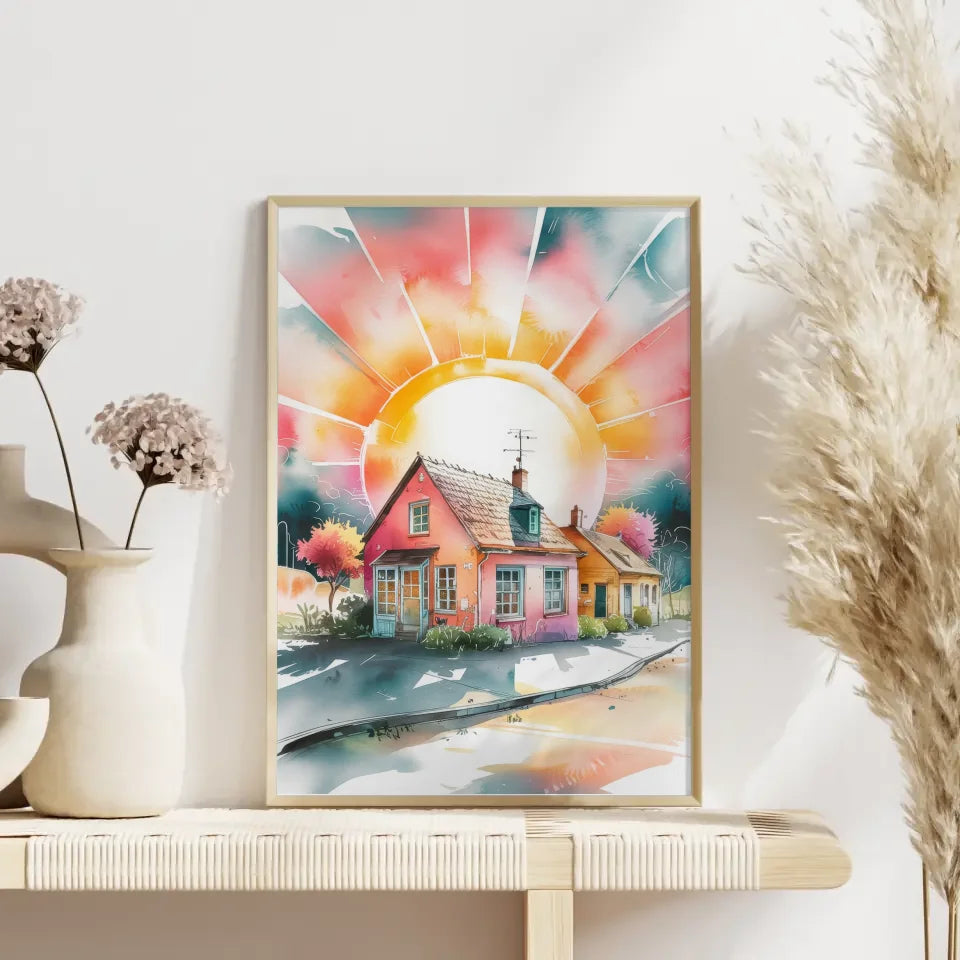 Aquarell Poster malerische Kleinstadt im Sonnenlicht 4