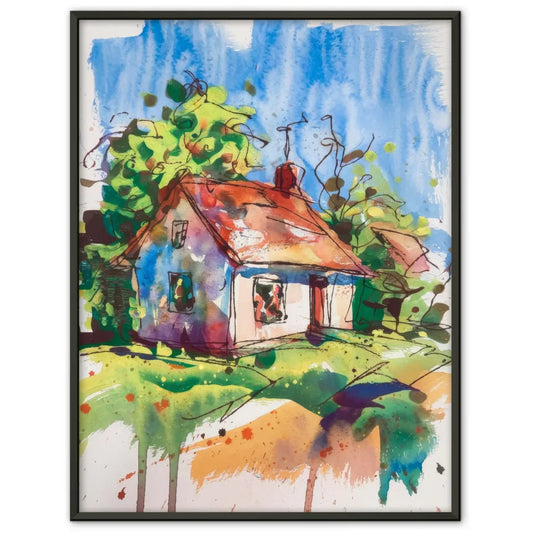 Aquarell Poster Landhaus in lebendiger Natur 1