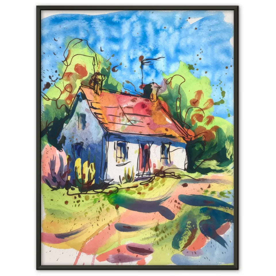 Aquarell Poster Landhaus in schöner Natur Szene 1