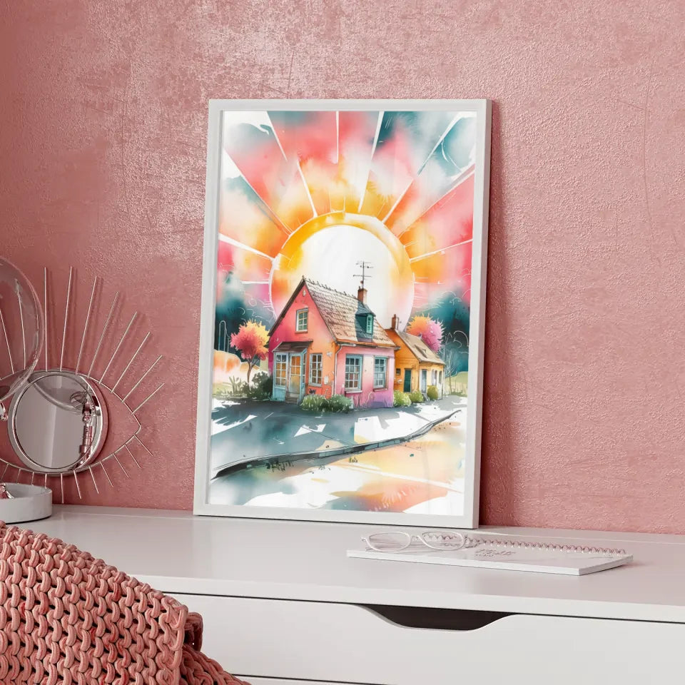 Aquarell Poster malerische Kleinstadt im Sonnenlicht 5