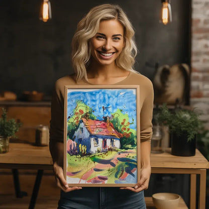Aquarell Poster Landhaus in schöner Natur Szene 2