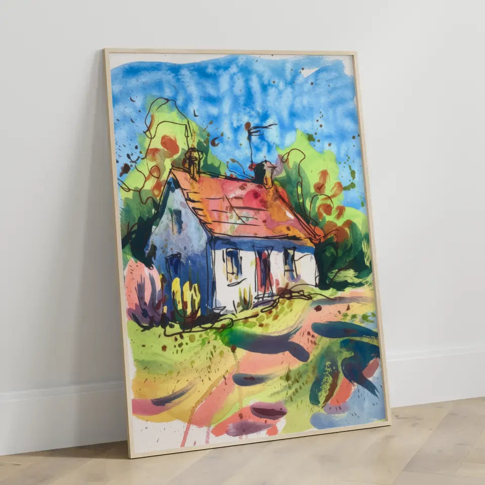 Aquarell Poster Landhaus in schöner Natur Szene 3