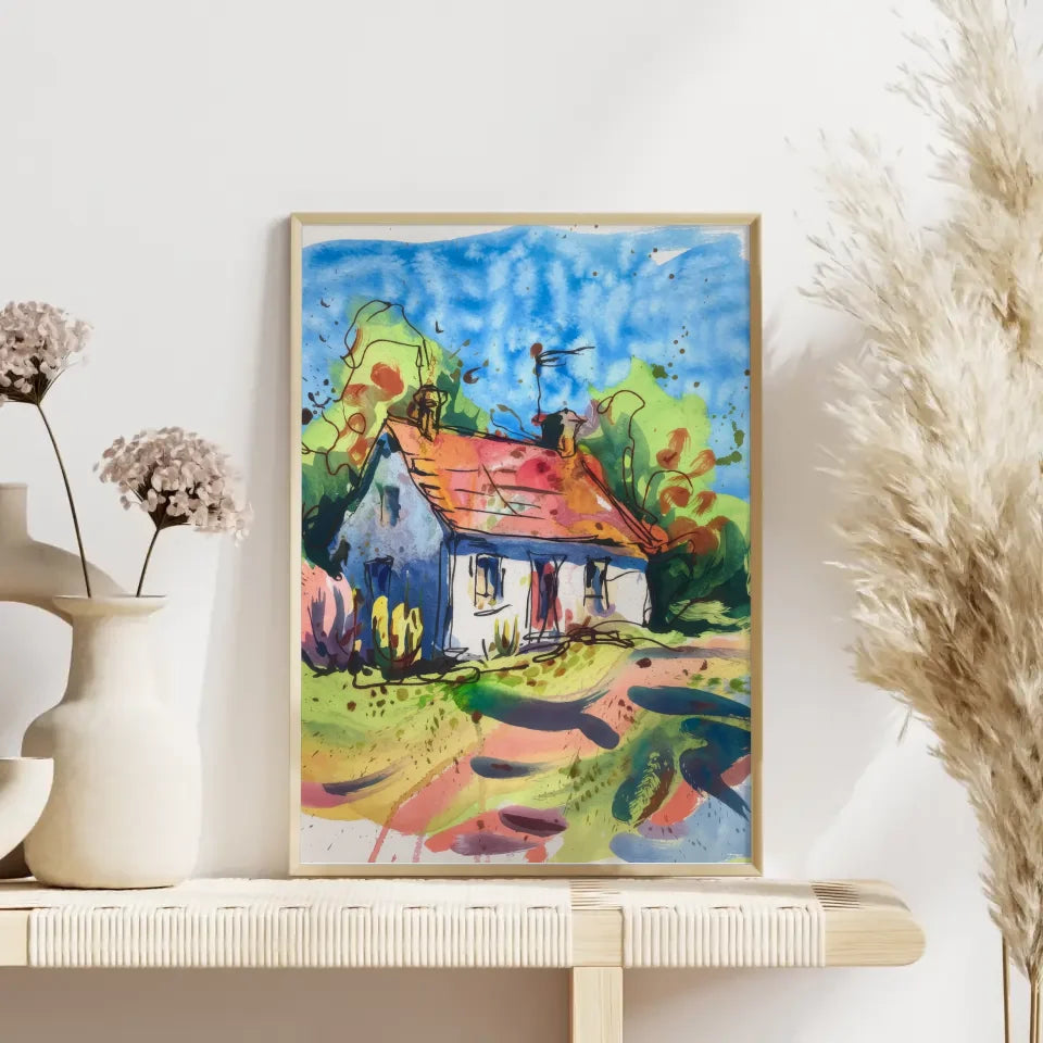 Aquarell Poster Landhaus in schöner Natur Szene 4