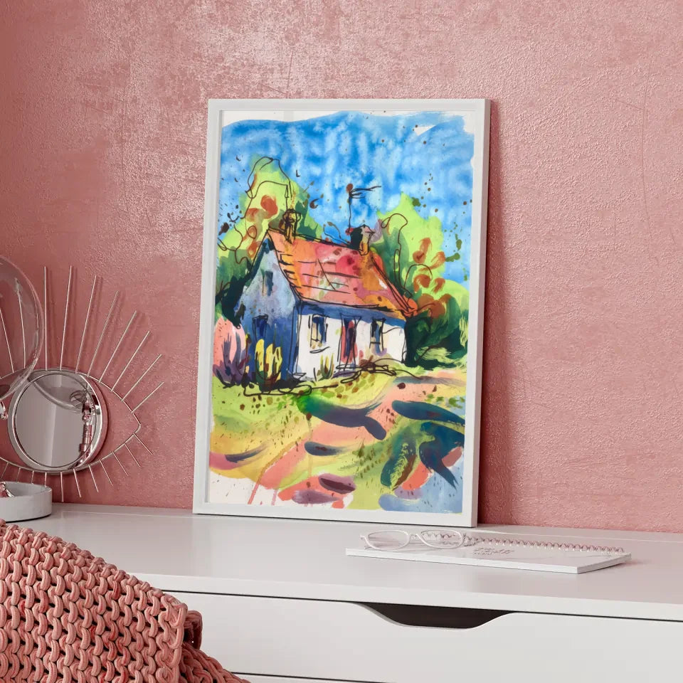 Aquarell Poster Landhaus in schöner Natur Szene 5