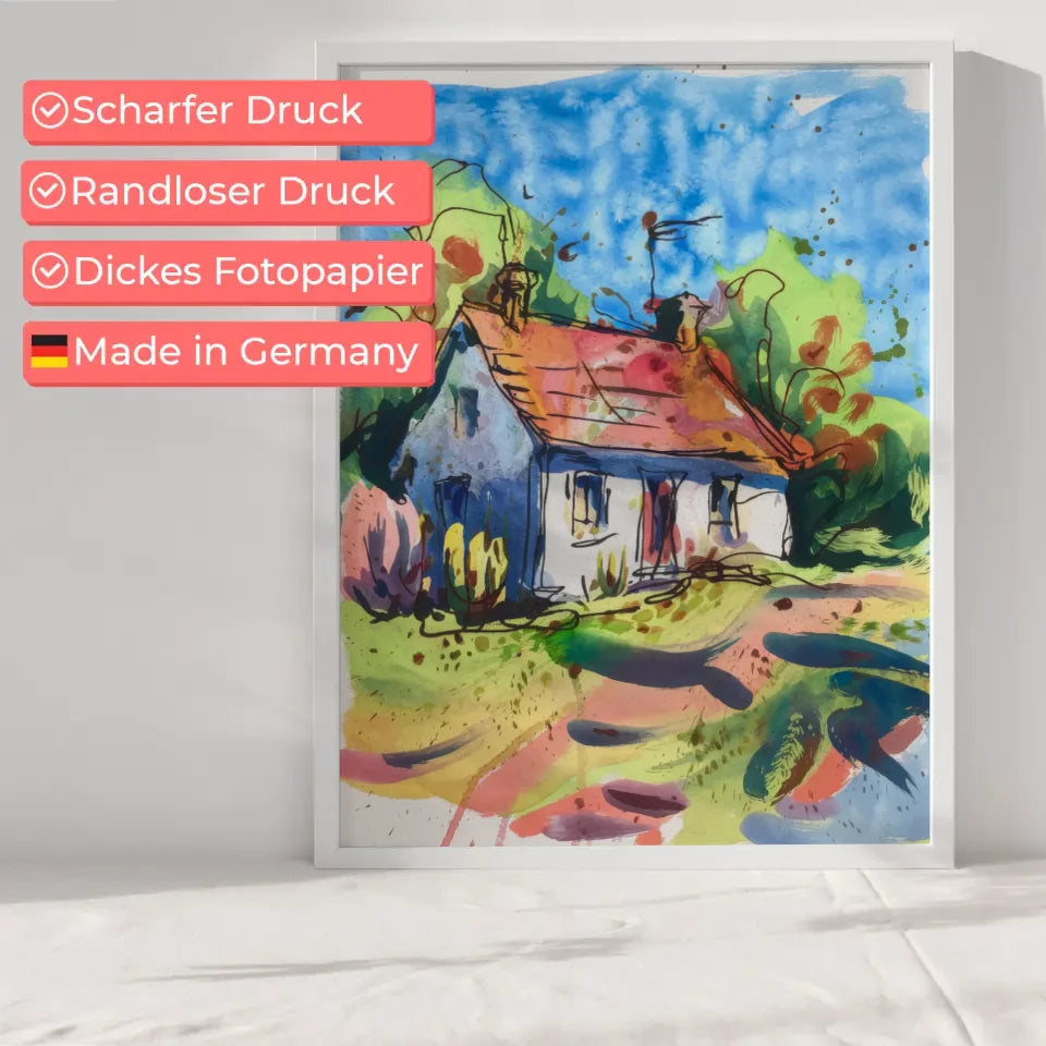 Aquarell Poster Landhaus in schöner Natur Szene 6