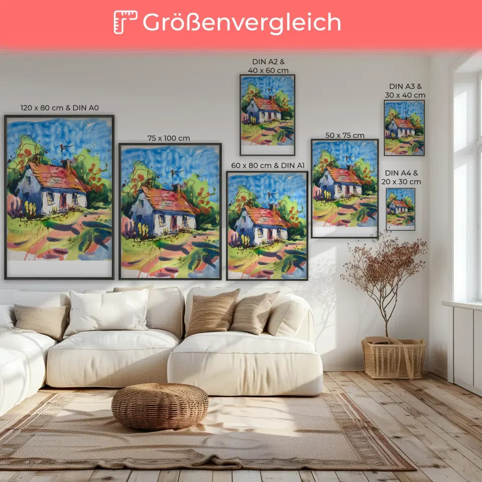 Aquarell Poster Landhaus in schöner Natur Szene 7