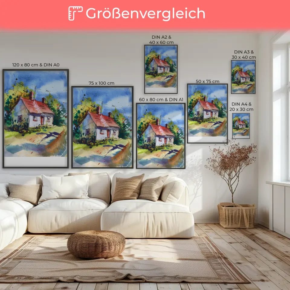 Poster eines malerischen Landhauses in lebendiger Natur