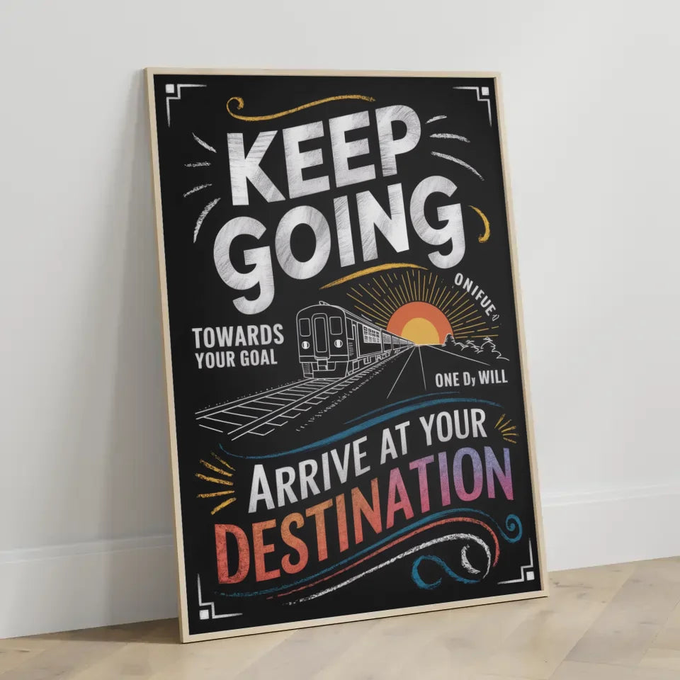 Inspirierendes Poster mit Tafelstil und Zugmotiv 3
