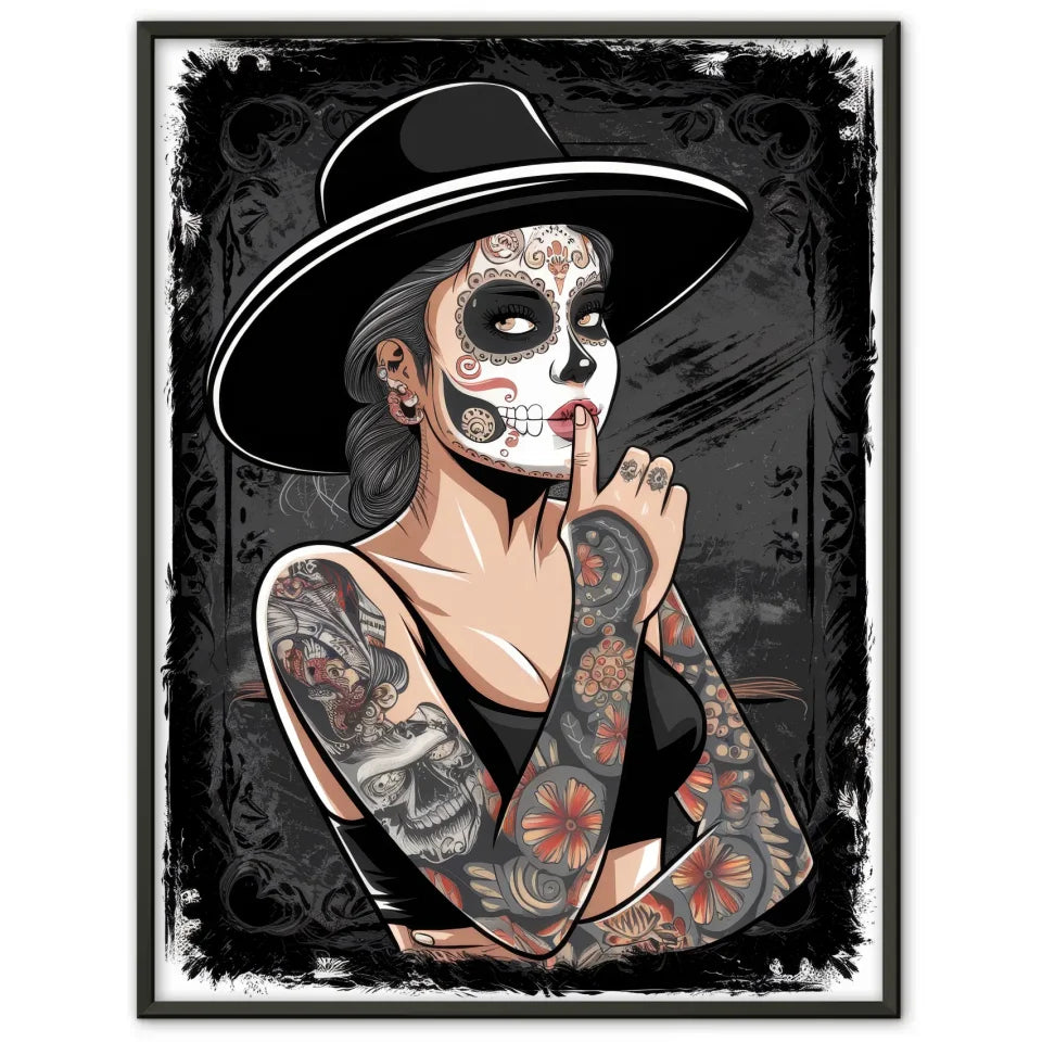 Chicano Stil Poster mit tätowierter Frau und Totenkopfdesign 1