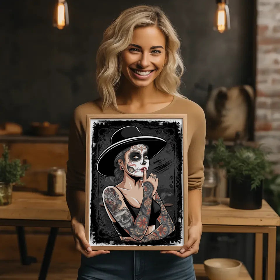 Chicano Stil Poster mit tätowierter Frau und Totenkopfdesign 2