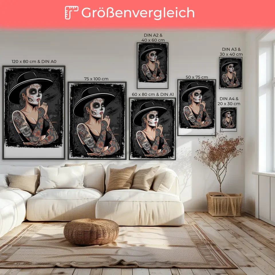 Chicano Stil Poster mit tätowierter Frau und Totenkopfdesign 7