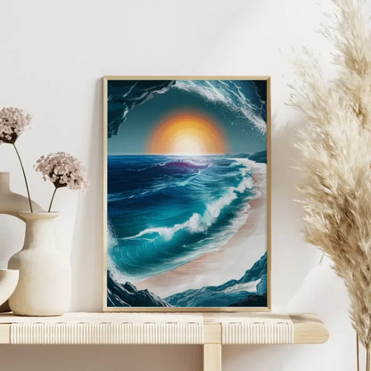 Surreales Poster eines paradiesischen Strandes mit türkisblauem Meer